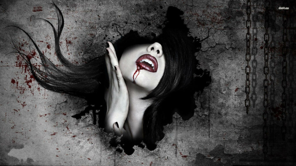 Mysterious vampire girl with blood-red lips and fangs behind cracked shadowy wall wallpaper