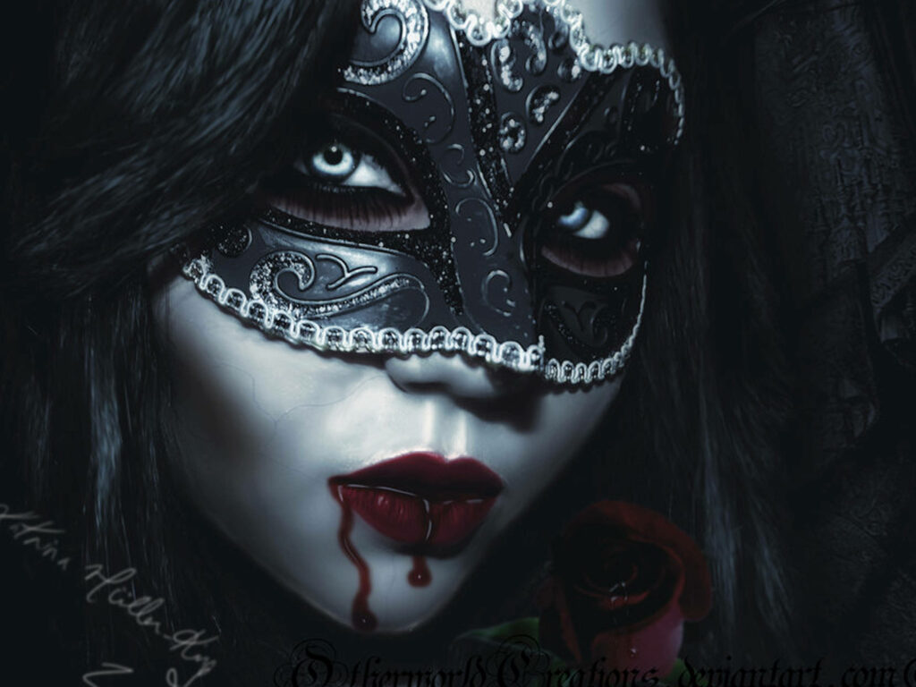 Mysterious vampire girl with red lips black mask and blood holds deep red rose gothic wallpaper