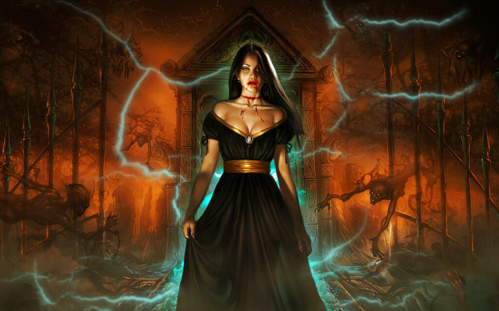 Mysterious vampire woman under glowing moonlight with twisted trees and eerie creatures wallpaper