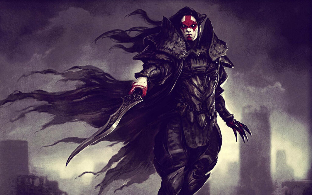 Mysterious vampire in dark armor and red mask under moonlight with shadowy city background wallpaper