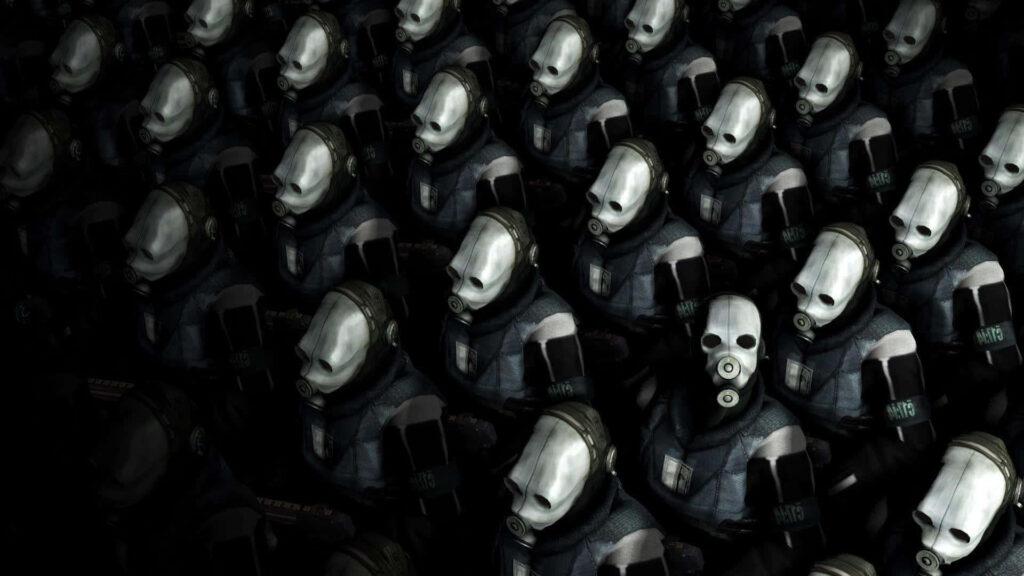 Mysterious Group in Dark Uniforms with Masks | Suspenseful Wallpaper
