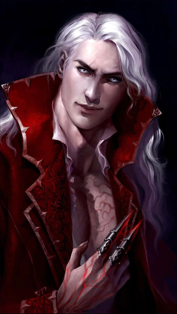 White-haired fantasy vampire with intense eyes draped in red cloak on dark background wallpaper