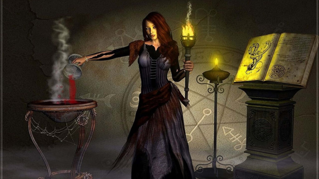 Dark witch performing ritual with glowing spellbook and candles surrounded by ancient symbols Wallpaper