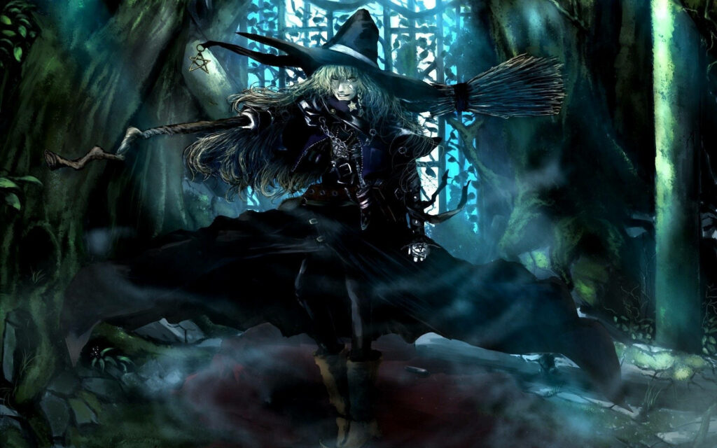 Mysterious witch in black with broomstick in enchanted forest dark anime wallpaper background