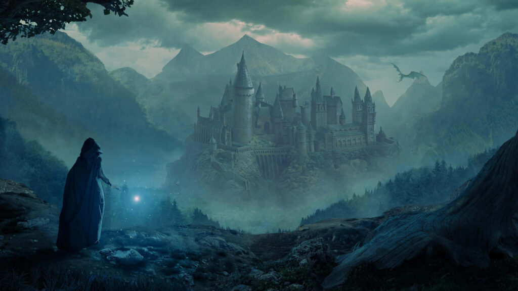 Mysterious wizard casting spell near misty forest with dragon flying over Hogwarts Castle wallpaper