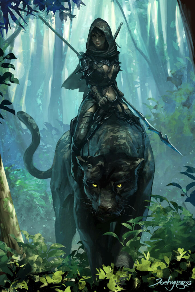 Majestic Woman in Cloak Rides Black Panther Through Lush Forest Wallpaper