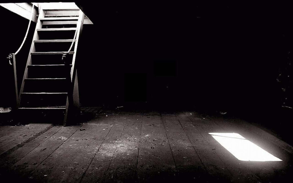 Dimly Lit Wooden Basement Wallpaper with Dramatic Natural Light