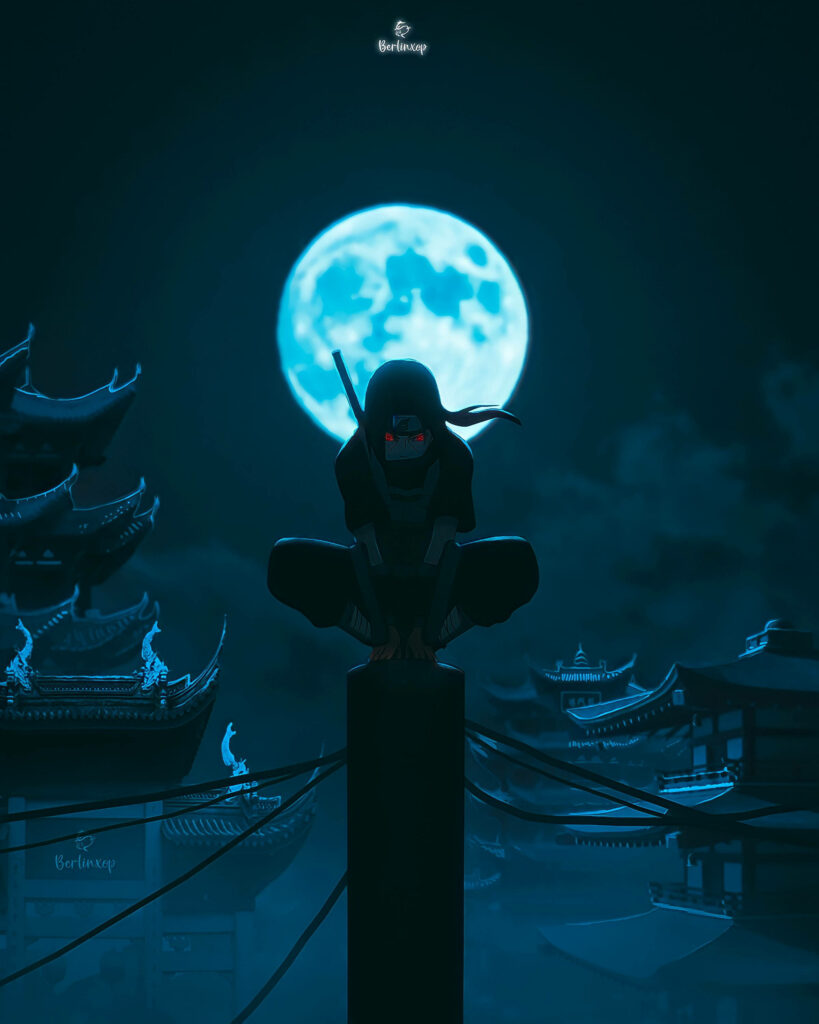 Mystical Encounter: Itachi Uchiha Bathed in Moonlight - 4k Aesthetic Anime Wallpaper