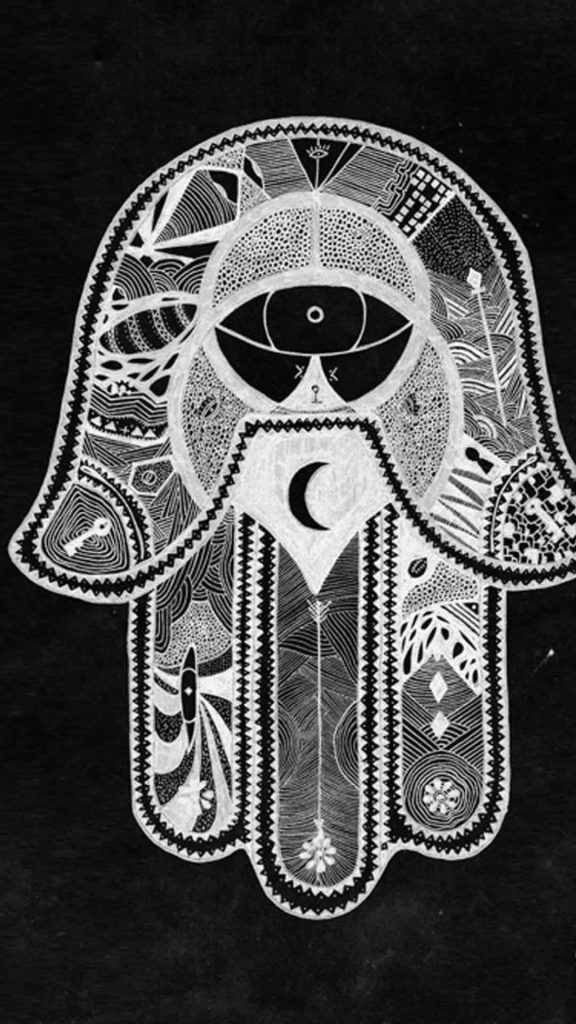 Intricate black and white Mystic Hamsa hand with crescent moon and all-seeing eye wallpaper