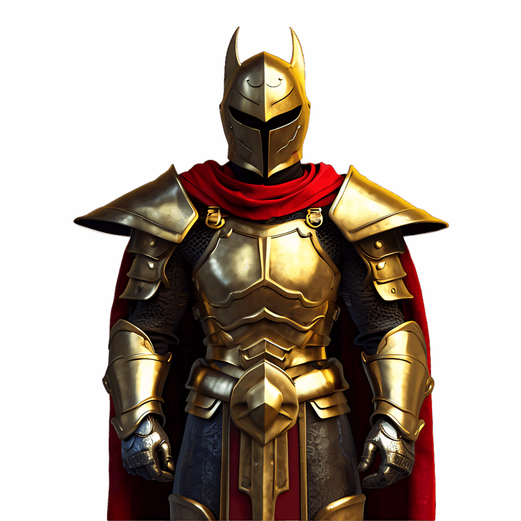 Mystic Knight in golden armor with red cape standing strong against subtle wallpaper background
