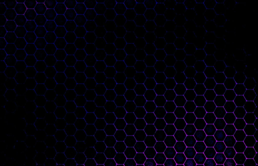 Bursts of Vibrant Blues and Purples Accentuated Within a Mysterious Abyss: A Captivating Honeycomb-like Hexagonal Design on Pure Black Canvas Wallpaper