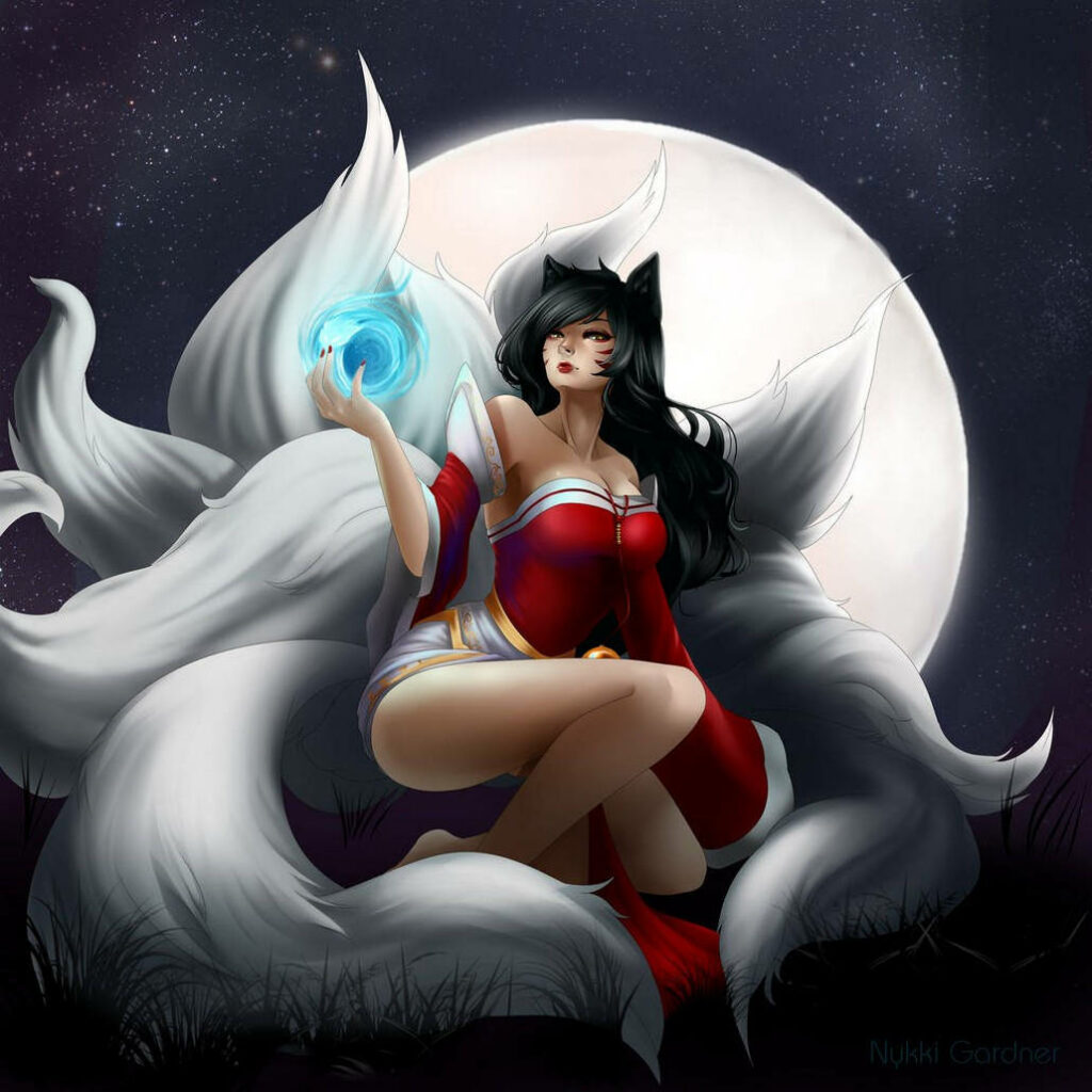 Mystical Ahri summoning celestial powers under a mesmerizing moonlit night Wallpaper