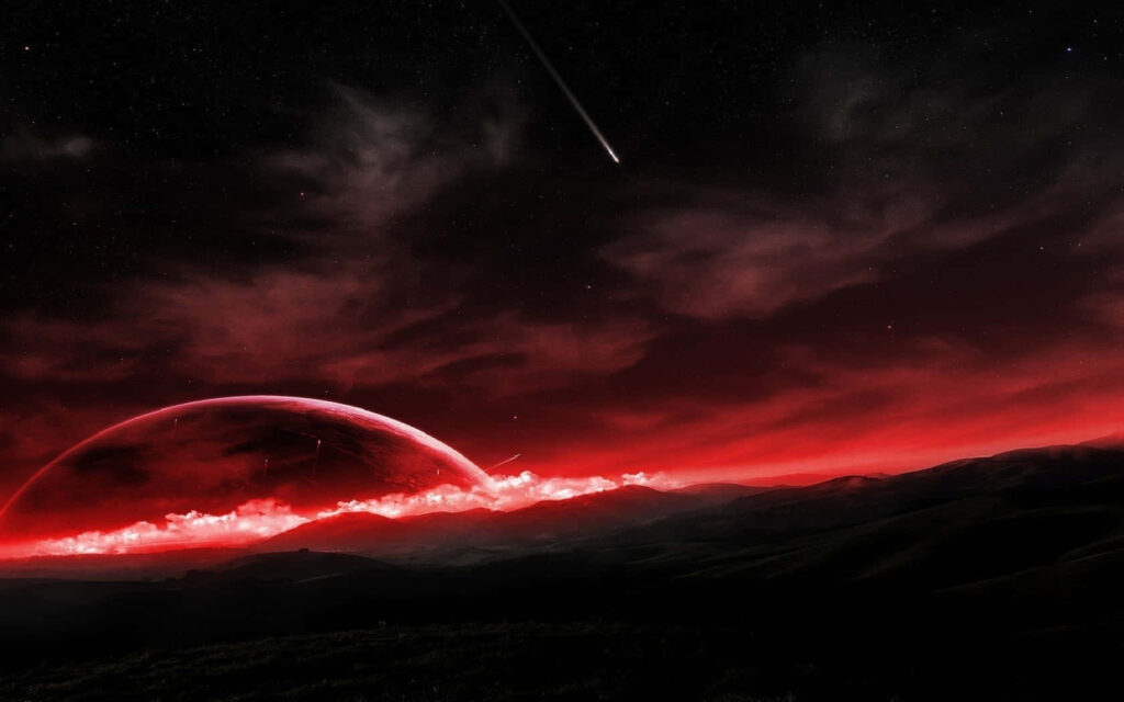 Alien landscape with glowing red planet, dark mountains, and meteor in starry night sky. Wallpaper