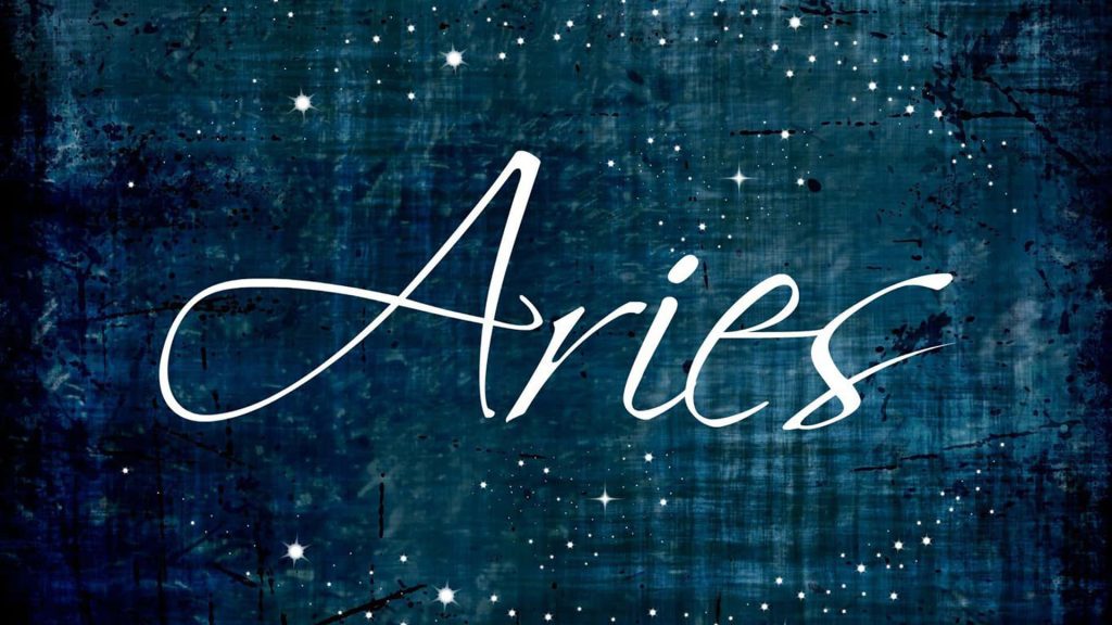 Aries zodiac wallpaper with white cursive text on deep teal starry sky background celestial art