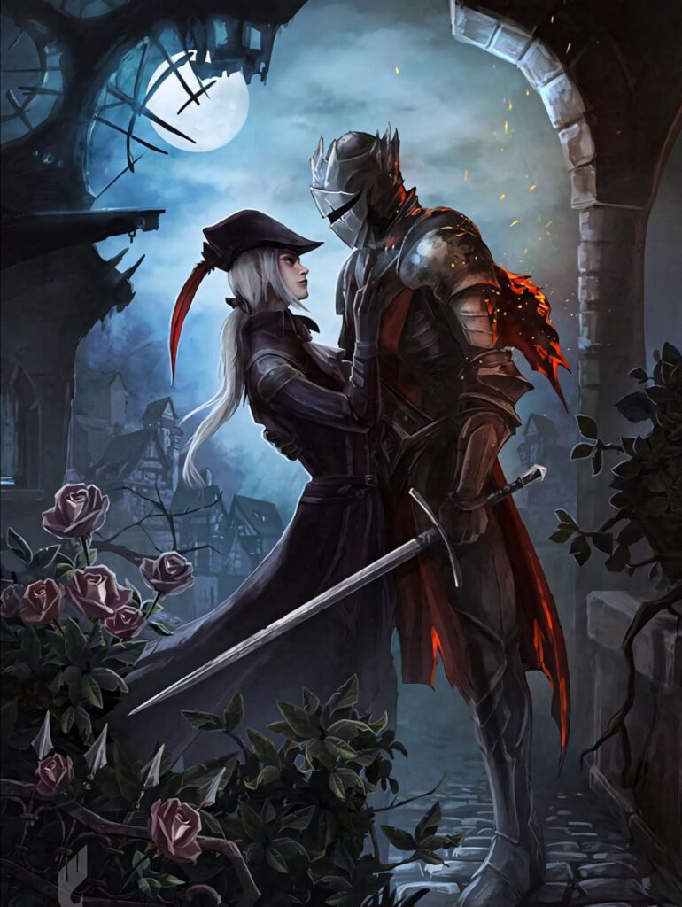 Mystical Ashen wallpaper two mysterious characters moonlit sky blooming roses ancient ruins