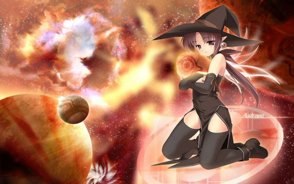 Anime wallpaper of witch Astraea kneeling on glowing magic circle with nebula and planets background