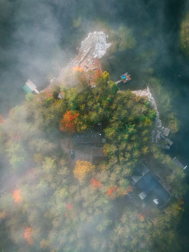 Aerial view of small autumn tree island surrounded by soft fog highlighting serene nature Wallpaper