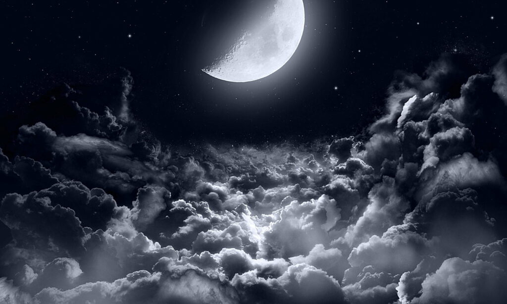 Mystical Nocturnal Serenity: Stunning HD Wallpaper of a Half Moon in a Dark Night