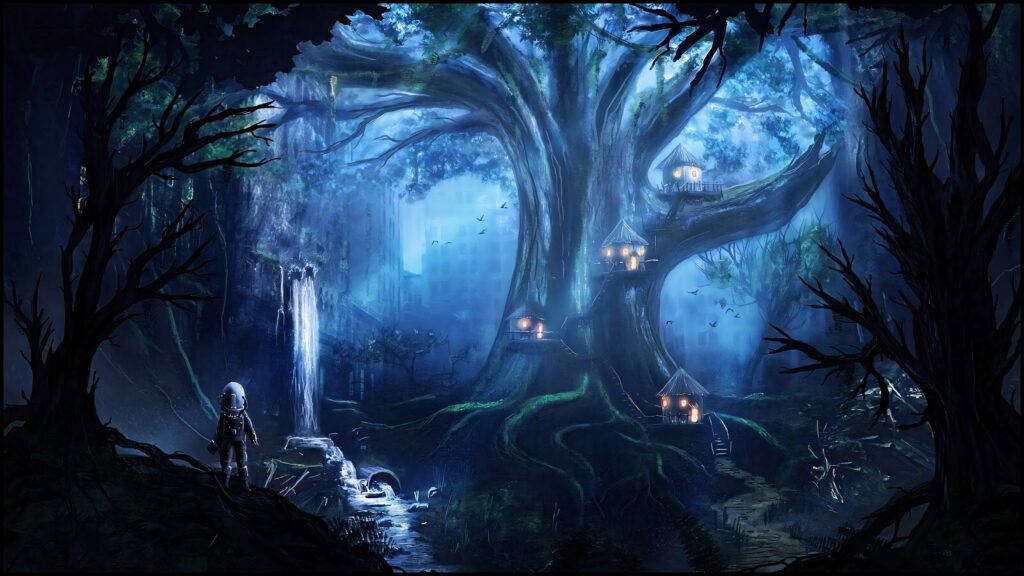 Mystical forest under blue moonlight with glowing tree houses waterfall and spacesuit explorer Wallpaper