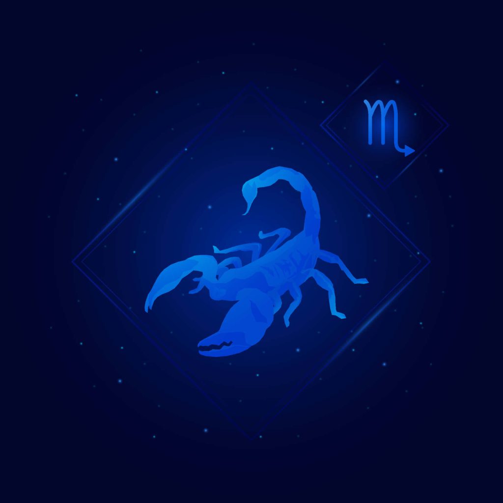 Geometric blue Scorpio zodiac wallpaper on dark starry cosmic background with glowing diamond frame