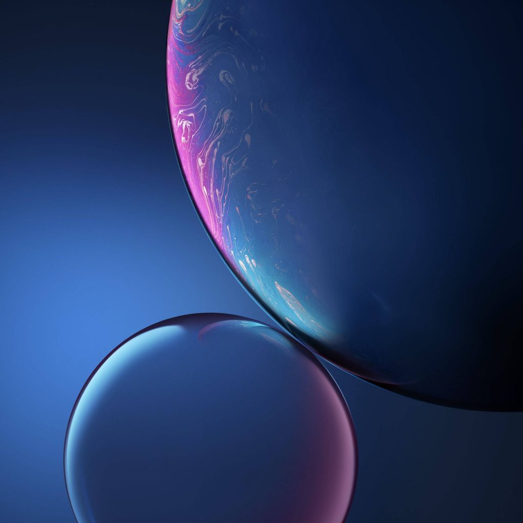 Abstract digital art wallpaper with dark blue iridescent sphere and glowing bubble design background