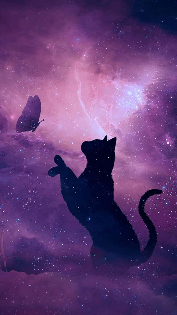Cosmic Cat Reaching for Butterfly - Mystical Galaxy Wallpaper