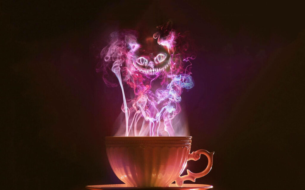 Cheshire Cat in colorful smoke rising from teacup dark mystical Alice in Wonderland wallpaper