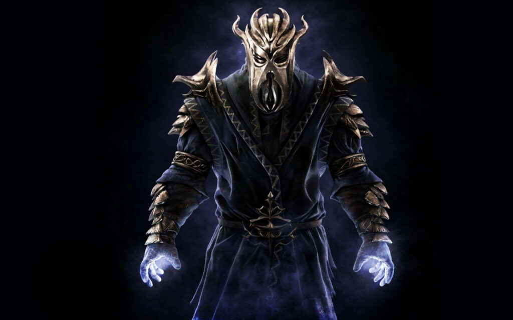 Mystical Dark Armor Figure & Dragon Mask Wallpaper Background