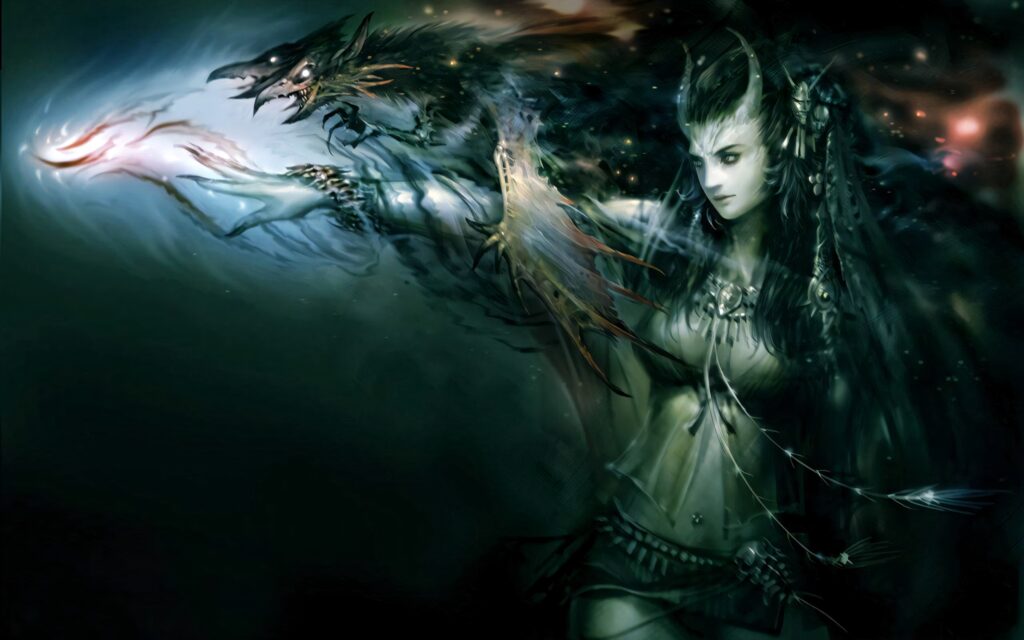 Dark witch with horns conjures glowing spectral dragon amid swirling magical energy background Wallpaper
