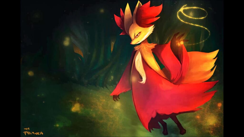 Delphox standing in glowing enchanted forest with magical sparks painterly fantasy wallpaper