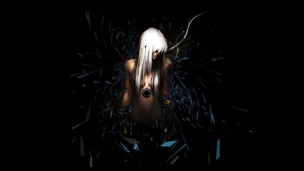Digital art wallpaper of a white-haired figure with ornate markings in blue black shards explosion