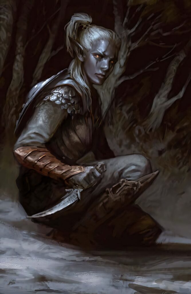 Drow Ranger with silver hair crouching in dark forest shadows holding dagger fantasy art wallpaper