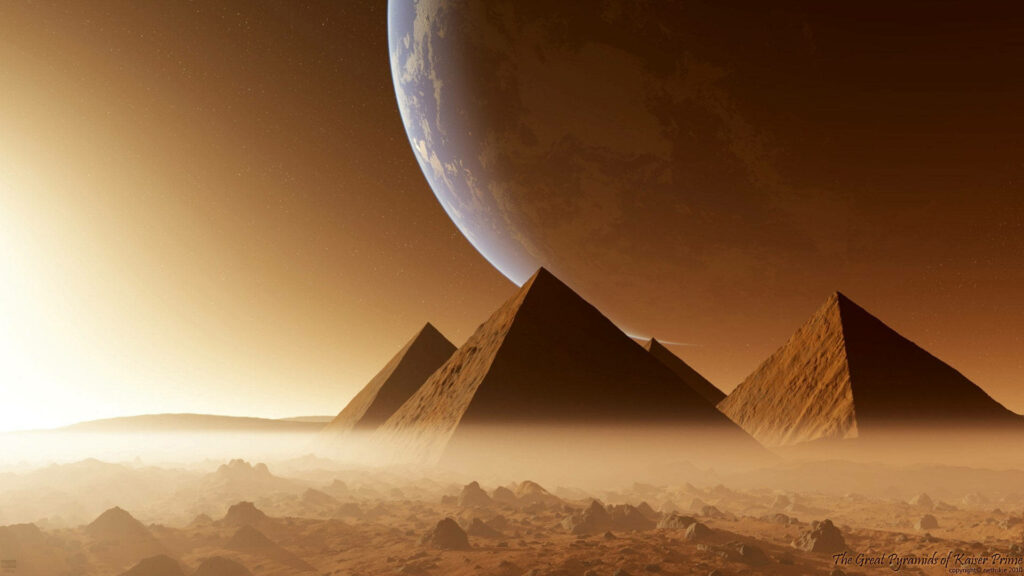 Egypt pyramids at moonlit night with glowing golden sky and large cosmic planet background Wallpaper