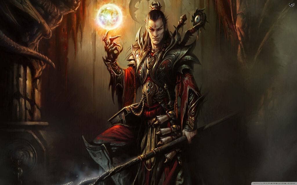 Mystical Elf Warlock Wallpaper with Glowing Orb in Dark Fantasy
