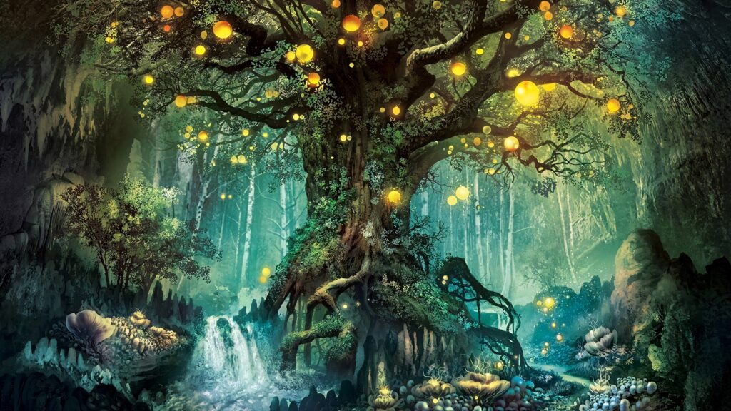 Mystical enchanted forest wallpaper with glowing ancient tree golden orbs lush greenery streams
