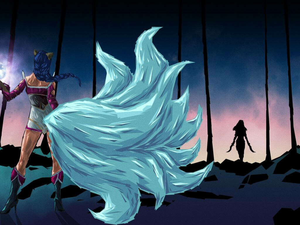 The Enigmatic Encounter: Ahri, the Alluring Vixen, Mesmerized by the Mysterious Turquoise-Tailed Adversary Wallpaper