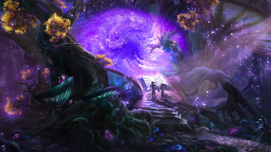 Whimsical Moments: Enchanting Forest Scene with Couple Immersed in Magical Book Wallpaper