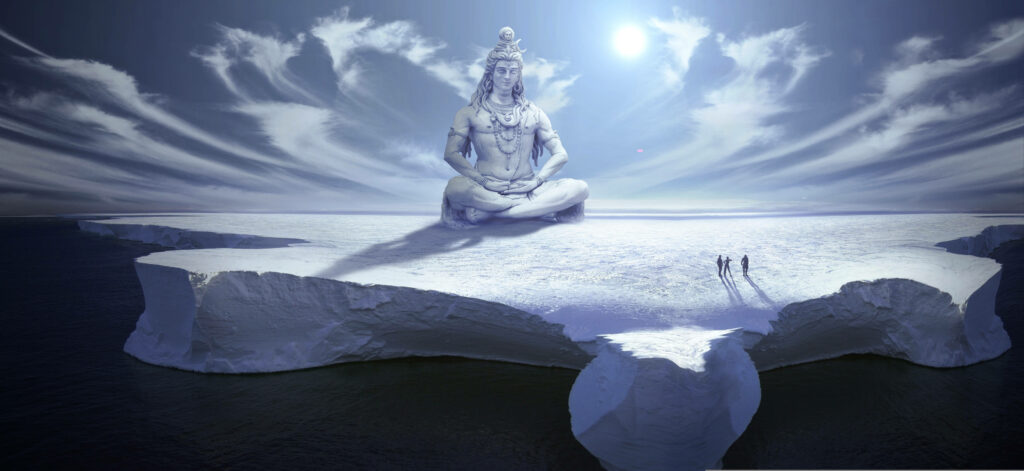 Frosty Encounter: Explorers Embracing Lord Shiva's Majestic 8k Presence Amidst Arctic Expanse Wallpaper