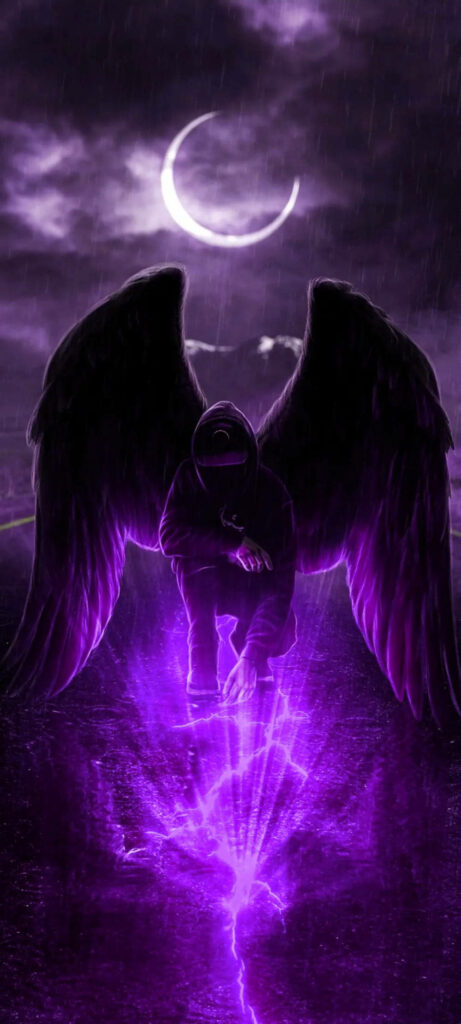Enigmatic Emanations: Illuminating the Abyss - Dark and Mysterious Winged Entity Crouched Over a Luminous Fissure Wallpaper