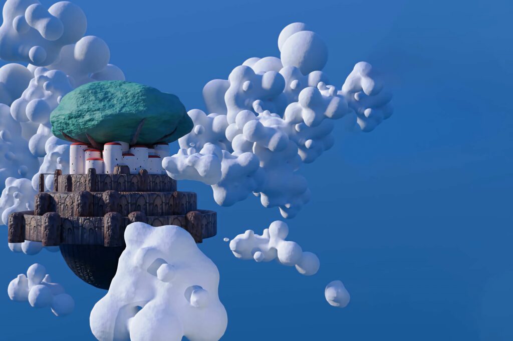 Mystical floating castle with lush greenery and clouds in a clear blue sky wallpaper background