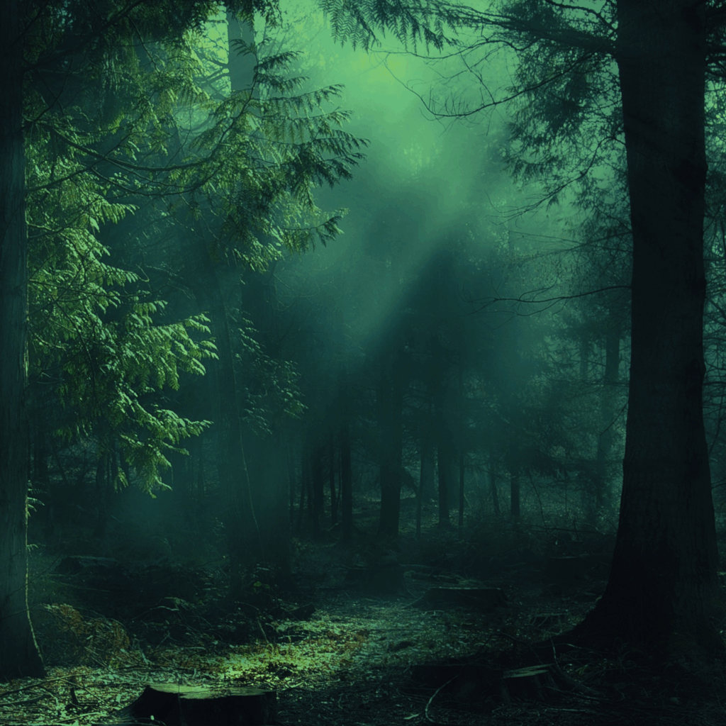 Serene foggy forest with tall trees and soft light beams creating a mystical tranquil scene Wallpaper