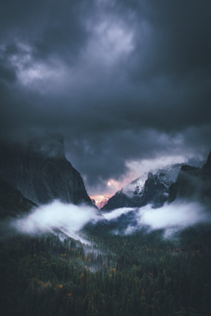 Dramatic foggy mountain wallpaper with dense forest and moody night sky atmospheric scene