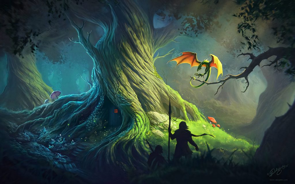Fantasy digital art wallpaper of glowing mystical tree with dragon and adventurers in forest