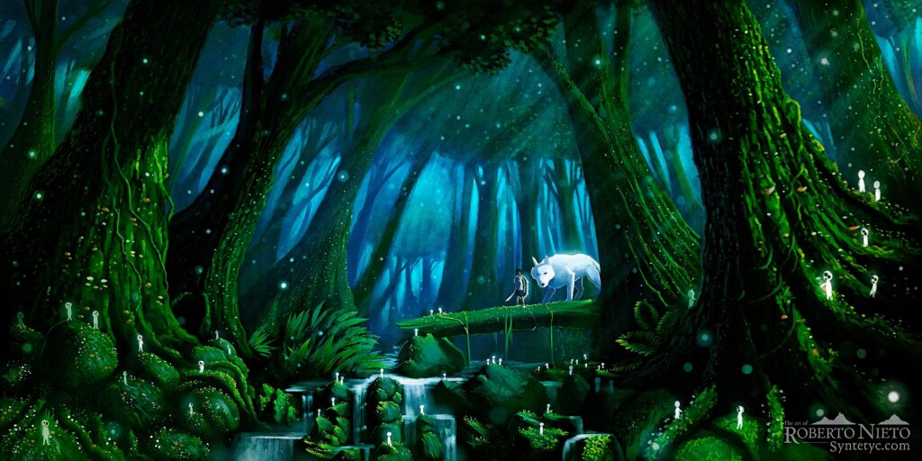 Princess Mononoke with white spirit in glowing blue green mystical forest wallpaper background