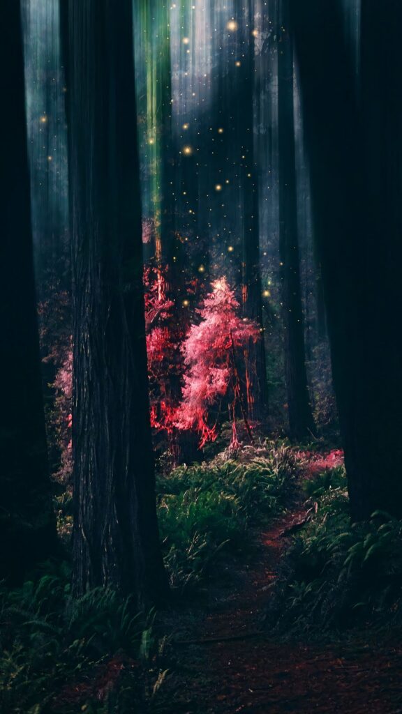 Mystical forest wallpaper with glowing pink tree fireflies and ethereal lighting background scene