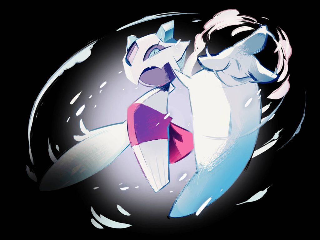 Froslass Ice Ghost Pokemon anime art with swirling blue magenta wind aura on black background Wallpaper