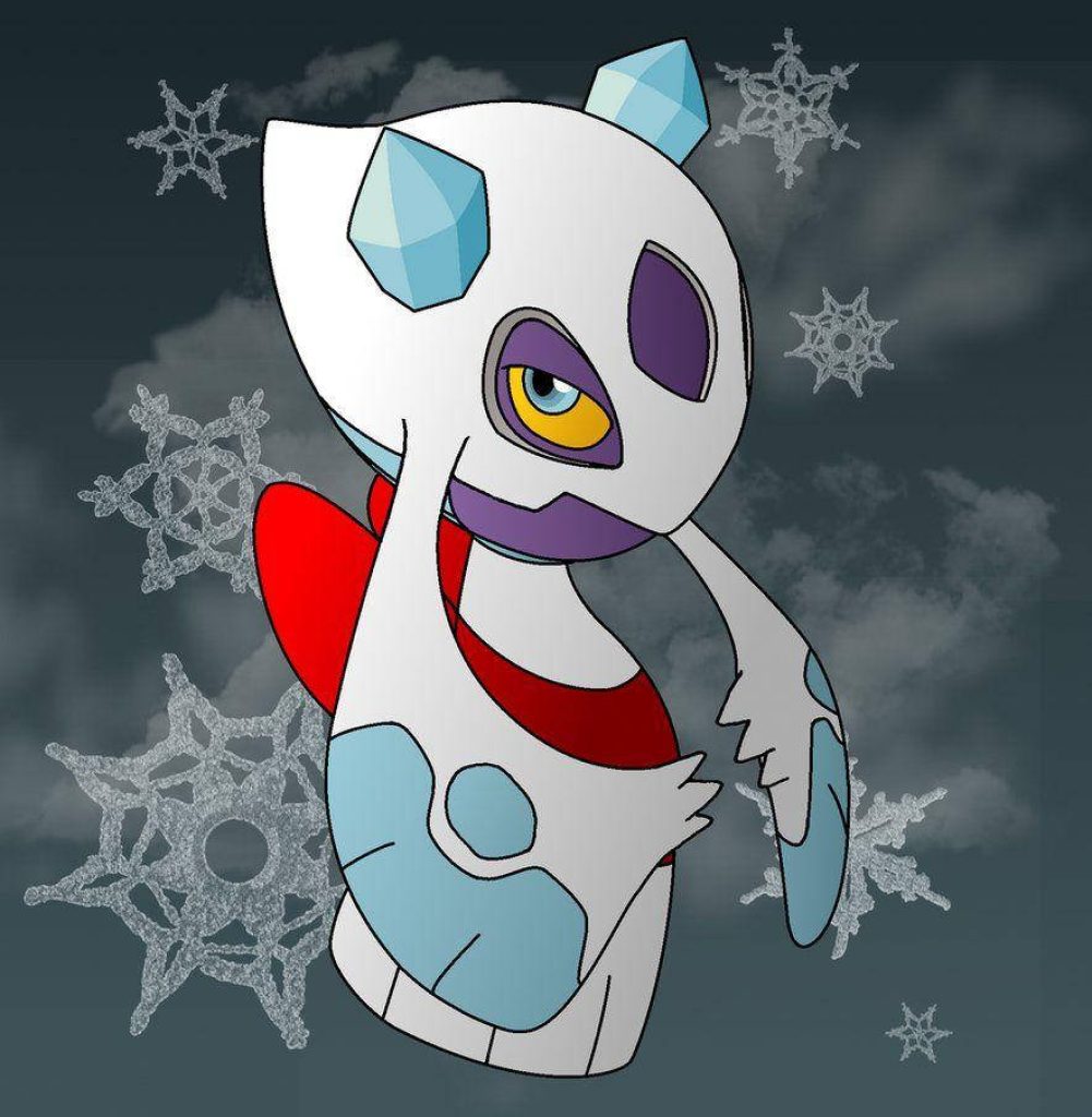 Digital illustration of Ice-type Pokémon Froslass with floating snowflakes on dark background wallpaper