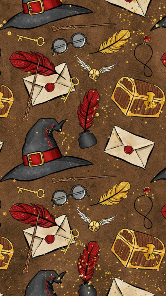 Mystical Patterns: Harry Potter's Magical Items Unleashed on a Rich Brown Canvas Accented by Golden Sparkles Wallpaper