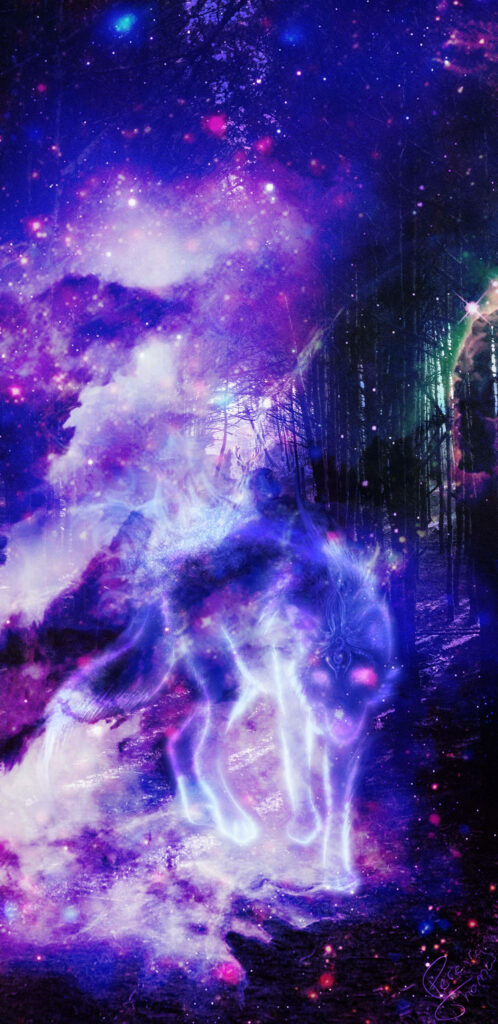 Galactic Wolf Wallpaper: Mystical Forest Art in Vibrant Colors