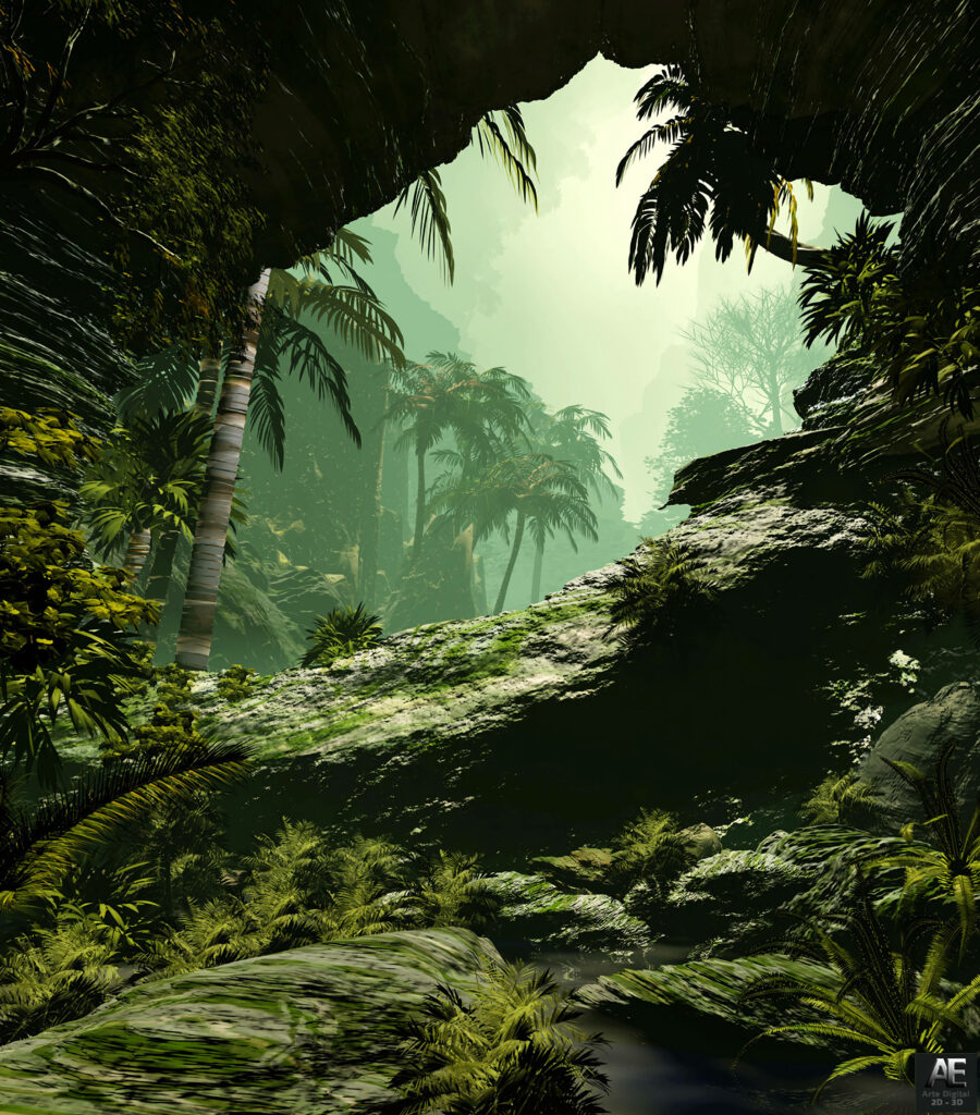 Enveloped in the Enigmatic: Exploring the Mystical Depths of a Tropical Jungle amidst Veiled Fog Wallpaper